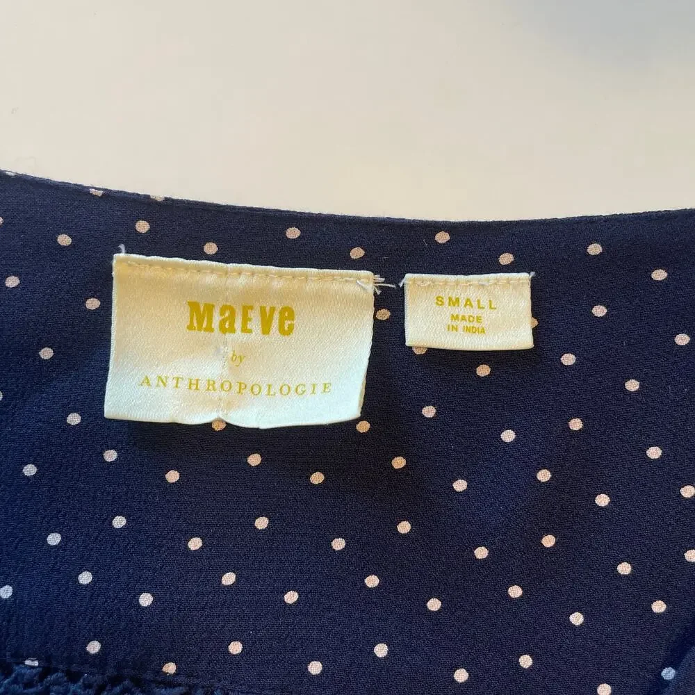 Maeve by Anthropologie Pernille Top Womens Small Navy Polka Dot V-Neck Blouse - Picture 5 of 8
